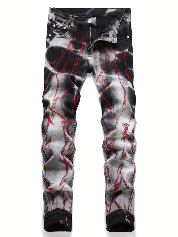 Vyriski džinsai iš denimo su elastanu, išsiuvinti elementai, slim fit, plauti paviršiai, tiesus kirpimas