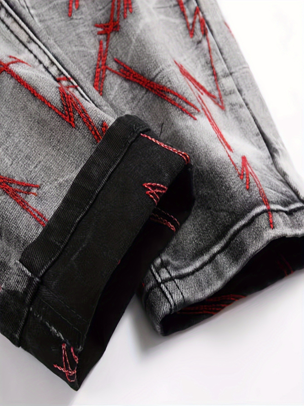 Vyriski džinsai iš denimo su elastanu, išsiuvinti elementai, slim fit, plauti paviršiai, tiesus kirpimas