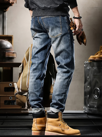 Мъжки дънки с права кройка — деним, средна талия, цип, изпрани