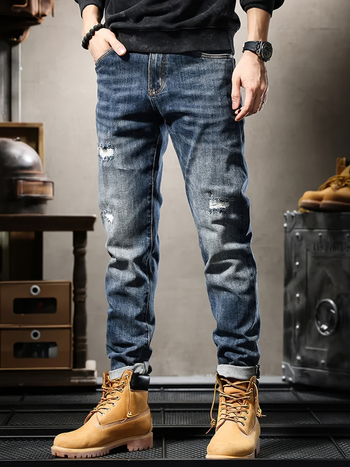 Мъжки дънки с права кройка — деним, средна талия, цип, изпрани