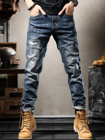 Мъжки дънки с права кройка — деним, средна талия, цип, изпрани