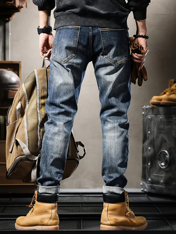 Мъжки дънки с права кройка — деним, средна талия, цип, изпрани