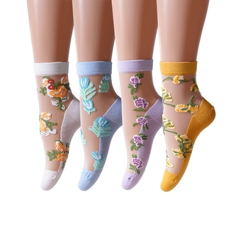 Γυναικείες κάλτσες αστραγάλου με φλοράλ διακόσμηση, αναπνεύουσες, ελαφρές, 100% περιεκτικότητα υφάσματος, για άνοιξη και παραλία