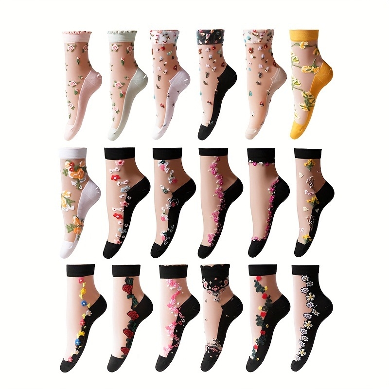 Moteriškos kulkšnies kojinės su gėlių dekoru, kvėpuojančios, plonos, 100% audinio, pavasaris paplūdimiui