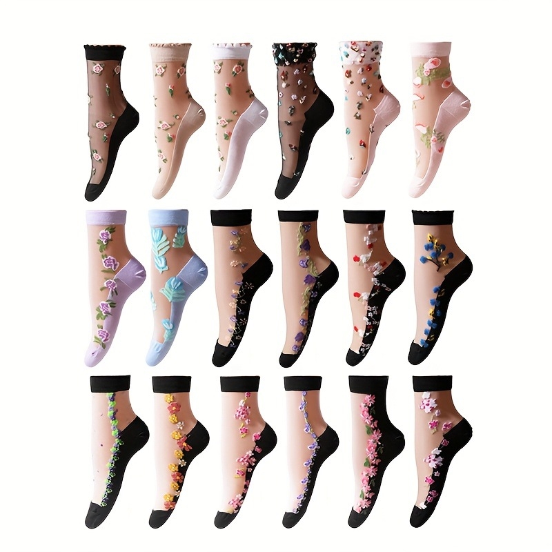 Moteriškos kulkšnies kojinės su gėlių dekoru, kvėpuojančios, plonos, 100% audinio, pavasaris paplūdimiui