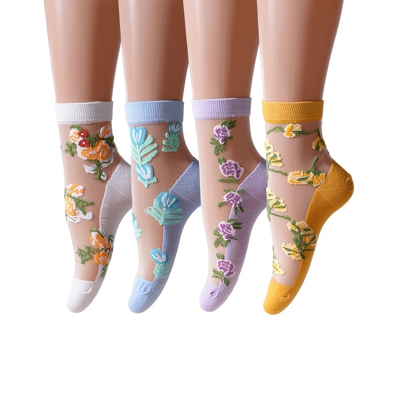 Moteriškos kulkšnies kojinės su gėlių dekoru, kvėpuojančios, plonos, 100% audinio, pavasaris paplūdimiui