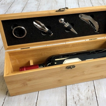 Keturios dalių butelių atidarytuvų komplektas medinėje vyno dėžutėje | Vyno laikymo dėžutė | Modernus minimalistinis stilius | Medžiaga medis | Talpa 1 L