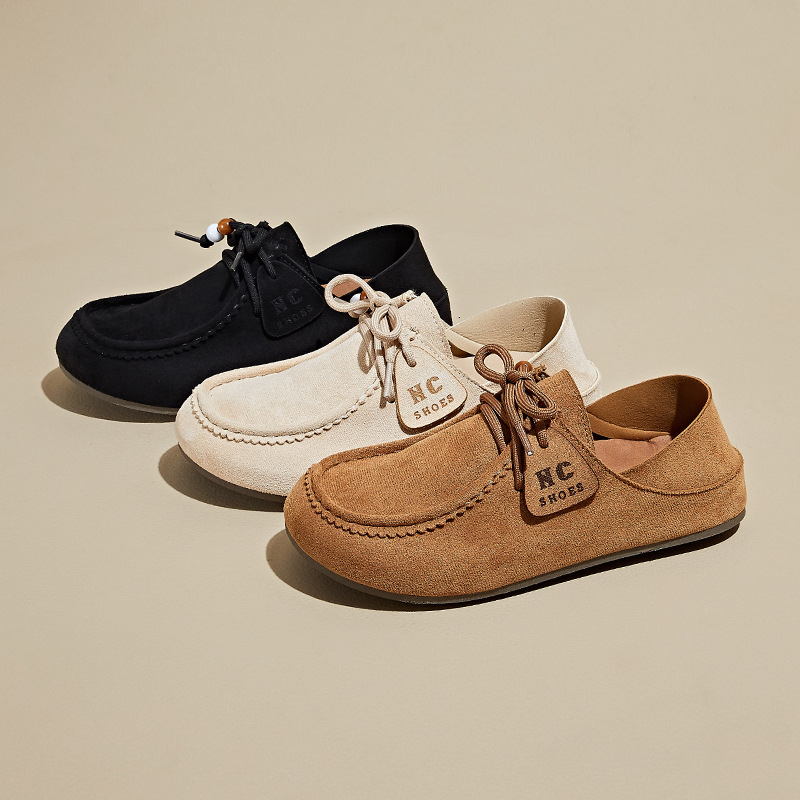 Loafers ar PU augšējā daļa, apaļš purns, priekšējā šņorēšana, plakā zole, augstuma palielināšana