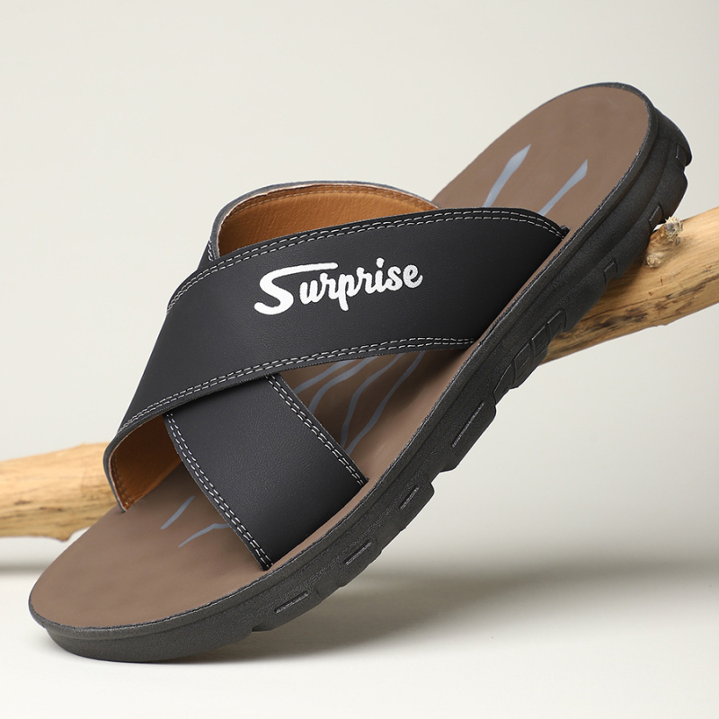 Flip-flops pentru bărbați, stil casual, cu partea superioară din piele microfibră și talpă din cauciuc, închidere slip-on
