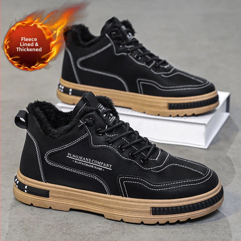 Ανδρικά χειμερινά παπούτια εργασίας από τεχνητό δέρμα, επένδυση φλίς, σόλα καουτσούκ, παχιά σόλα, δέσιμο με κορδόνια
