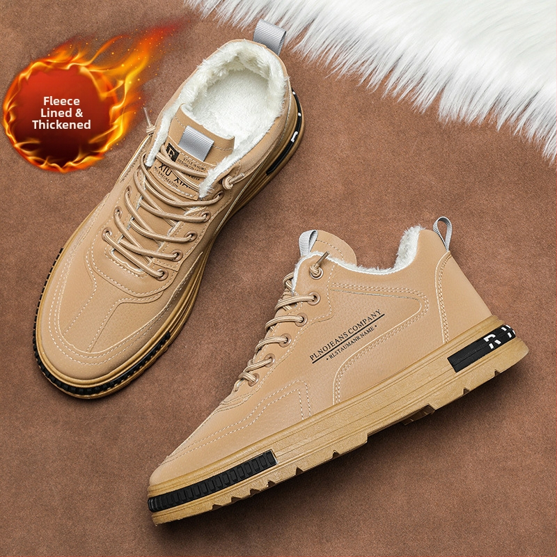 Pánske zimné pracovné topánky z umelej kože s fleecovou podšívkou, gumená podrážka, hrubá podrážka, šnurovanie