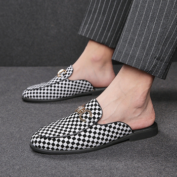 Ανδρικοί slip-on loafers με καρό μοτίβο, δερμάτινο καπάκι δακτύλου, ελαφρύ επάνω μέρος PU, σόλα από καουτσούκ, καλοκαιρινά καθημερινά-επίσημα παπούτσια