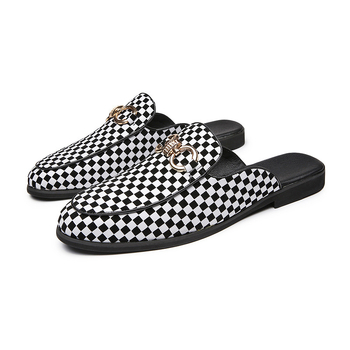 Ανδρικοί slip-on loafers με καρό μοτίβο, δερμάτινο καπάκι δακτύλου, ελαφρύ επάνω μέρος PU, σόλα από καουτσούκ, καλοκαιρινά καθημερινά-επίσημα παπούτσια