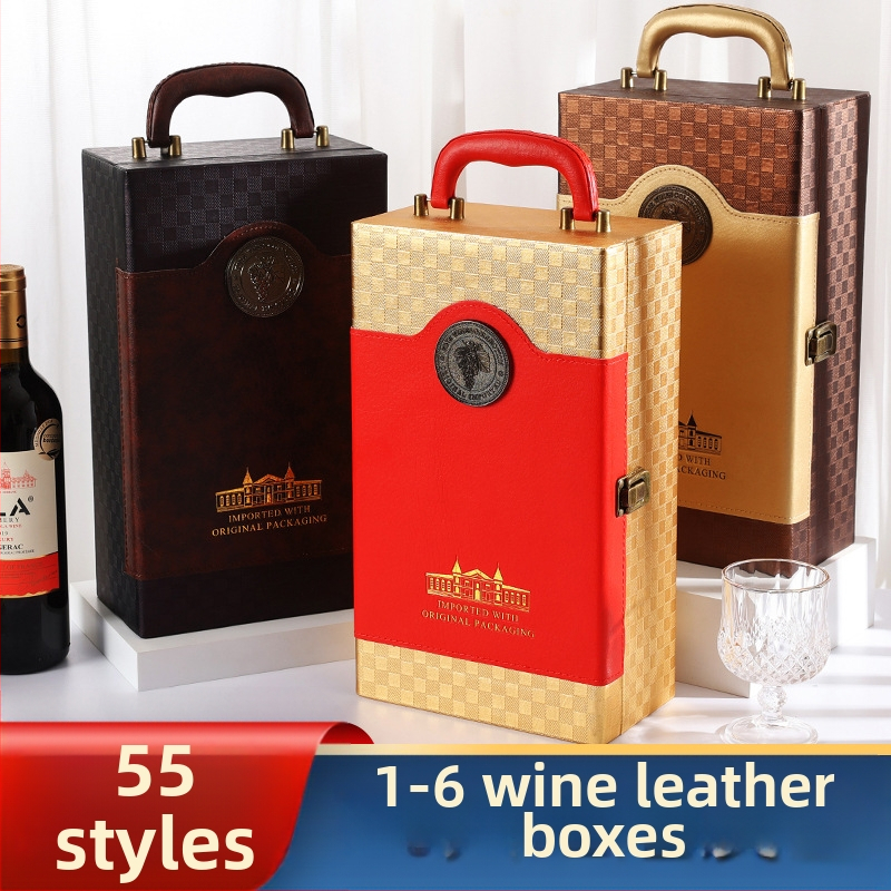 Hat üveg bor ajándéktok PU bőrrel, hardverrel és flanel belsővel; Gold Box márka, modell 55412; ajándékcsomagolás