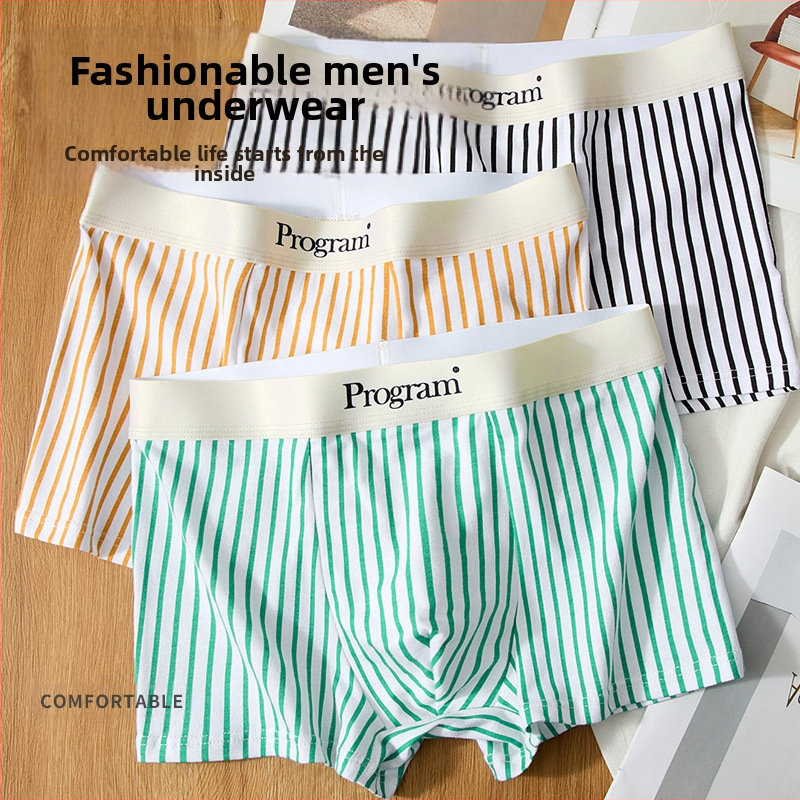 Boxeri bărbați din tricot de bumbac, talie medie, model dungat, respirabili, uscare rapidă