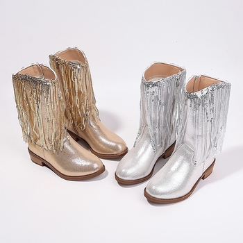 Παιδικά μποτάκια Martin μέχρι τη μέση της γάμπας με φούντες – Δυτικό στυλ καουμπόι, επάνω μέρος τεχνητό δέρμα, σόλα καουτσούκ, πάτος PU