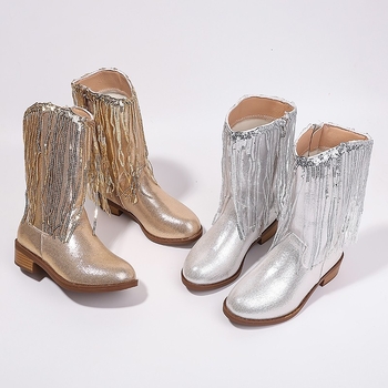 Παιδικά μποτάκια Martin μέχρι τη μέση της γάμπας με φούντες – Δυτικό στυλ καουμπόι, επάνω μέρος τεχνητό δέρμα, σόλα καουτσούκ, πάτος PU