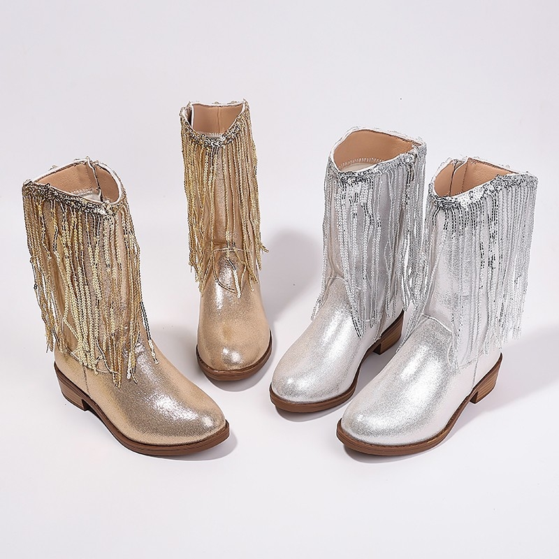 Παιδικά μποτάκια Martin μέχρι τη μέση της γάμπας με φούντες – Δυτικό στυλ καουμπόι, επάνω μέρος τεχνητό δέρμα, σόλα καουτσούκ, πάτος PU