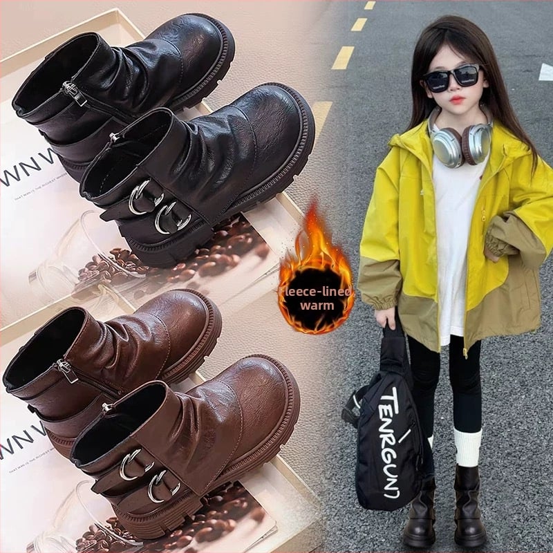 Μποτάκια μόδας για κορίτσια, δέρμα μικροϊνών, μέσο μήκος μέχρι τη γάμπα, σόλα από καουτσούκ, πλαϊνό φερμουάρ