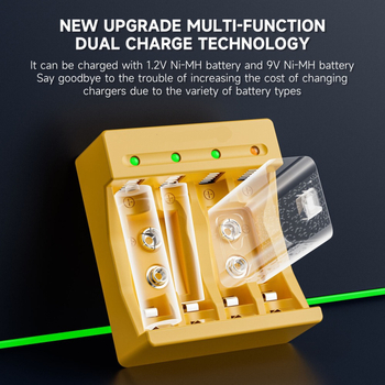 4 vietu NiMH lādētājs AA/AAA/9V baterijām ar LED gudru indikatoru, ievade 5V/2A, izeja 1.2V DC 1000mA