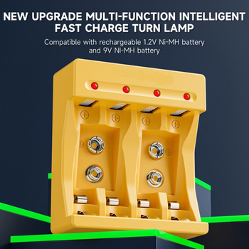 4 vietu NiMH lādētājs AA/AAA/9V baterijām ar LED gudru indikatoru, ievade 5V/2A, izeja 1.2V DC 1000mA
