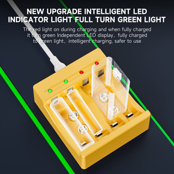 4 vietu NiMH lādētājs AA/AAA/9V baterijām ar LED gudru indikatoru, ievade 5V/2A, izeja 1.2V DC 1000mA