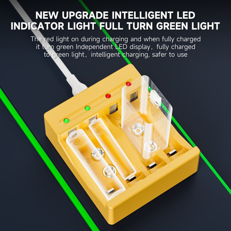 4 vietu NiMH lādētājs AA/AAA/9V baterijām ar LED gudru indikatoru, ievade 5V/2A, izeja 1.2V DC 1000mA