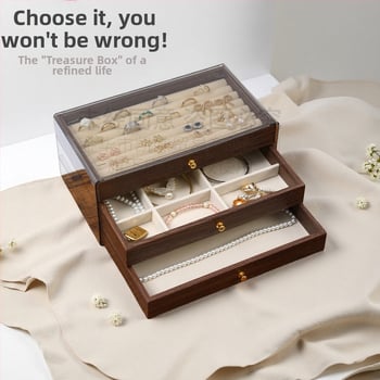 Diófából készült háromrétegű ékszerdoboz koreai stílusban, minimalist csíkos mintával