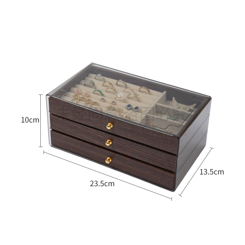 Diófából készült háromrétegű ékszerdoboz koreai stílusban, minimalist csíkos mintával