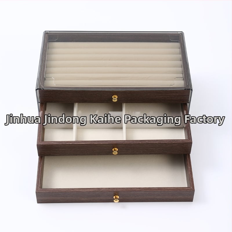 Diófából készült háromrétegű ékszerdoboz koreai stílusban, minimalist csíkos mintával