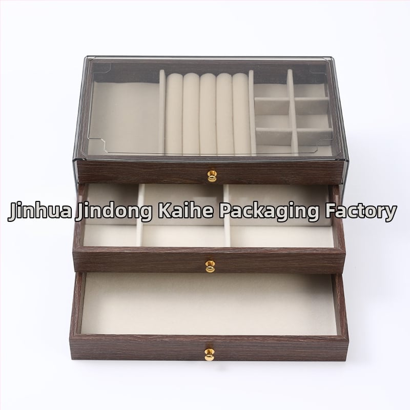 Diófából készült háromrétegű ékszerdoboz koreai stílusban, minimalist csíkos mintával