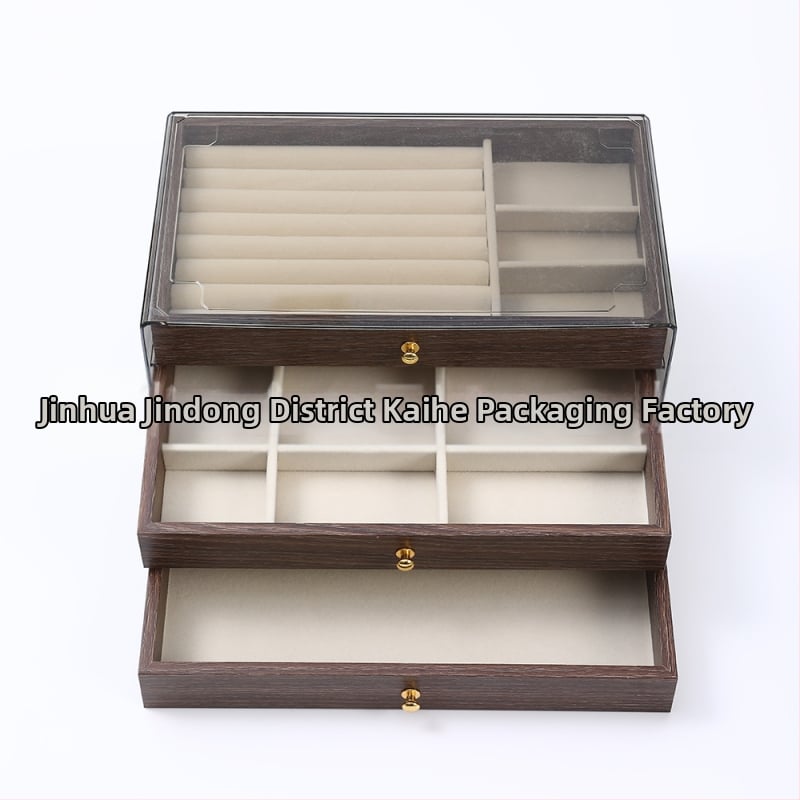 Diófából készült háromrétegű ékszerdoboz koreai stílusban, minimalist csíkos mintával