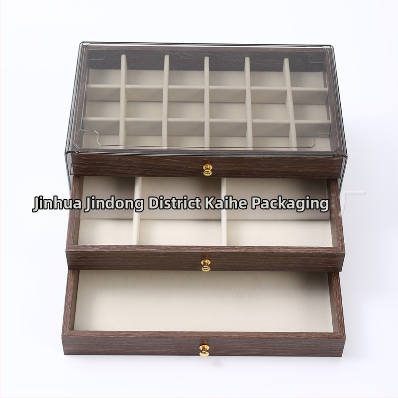 Diófából készült háromrétegű ékszerdoboz koreai stílusban, minimalist csíkos mintával