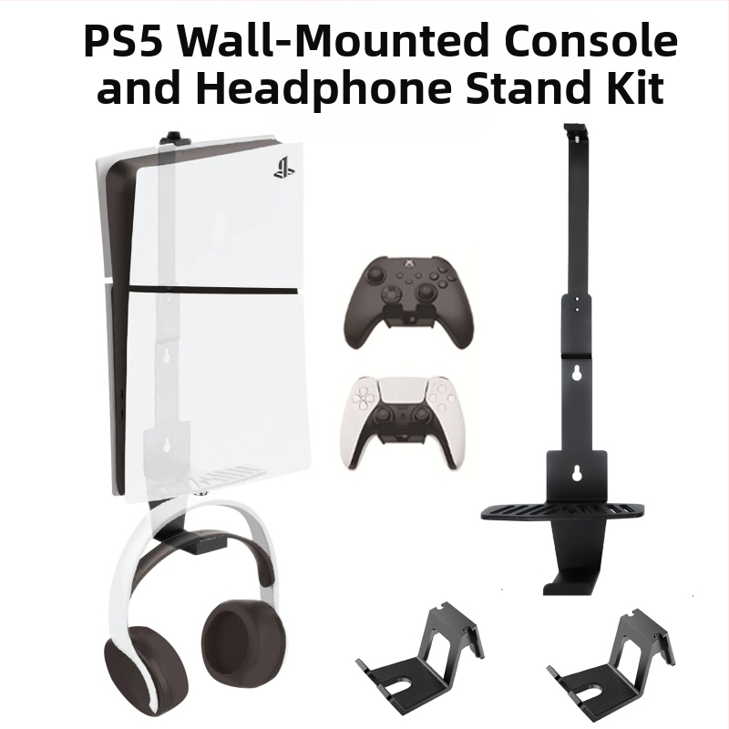 PS5 стенен монтажен комплект със стойка за слушалки за PS5/PS5 Pro/PS5 Slim — желязо, 640 g