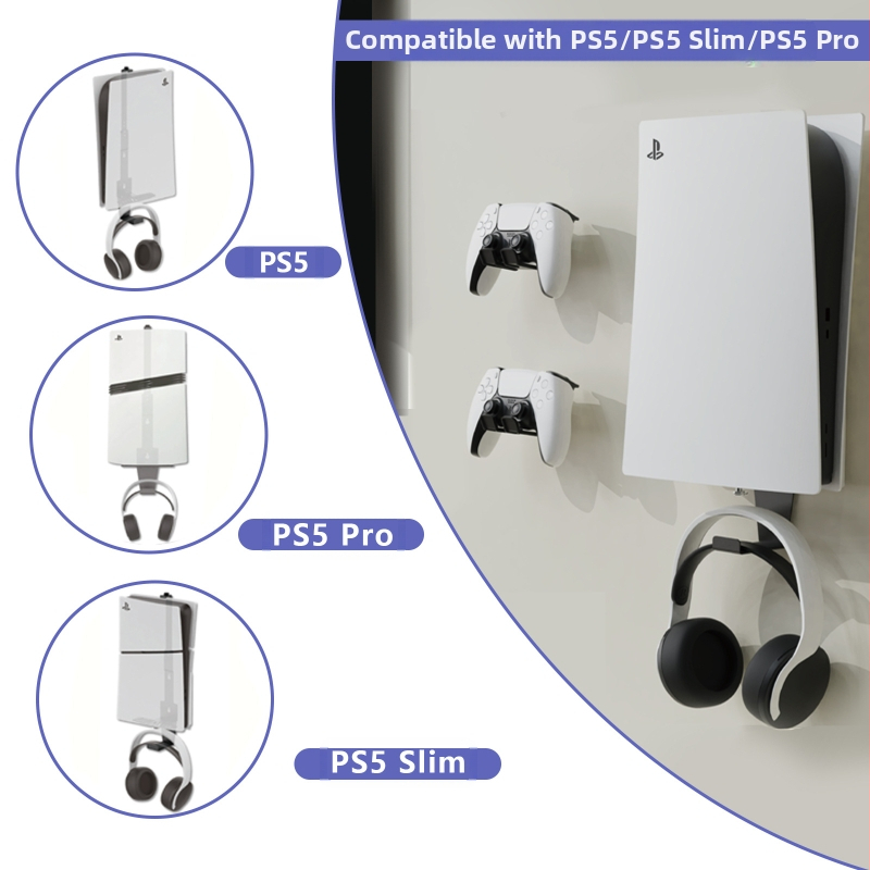 PS5 стенен монтажен комплект със стойка за слушалки за PS5/PS5 Pro/PS5 Slim — желязо, 640 g
