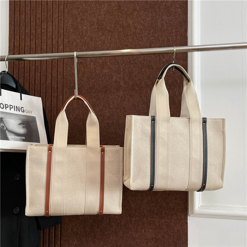 Pamut vászon Tote táska, vízszintes négyzet alakú forma, belső zsebek telefonhoz és ID-hez, dupla pántok