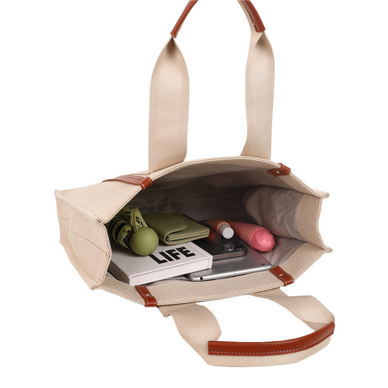 Pamut vászon Tote táska, vízszintes négyzet alakú forma, belső zsebek telefonhoz és ID-hez, dupla pántok