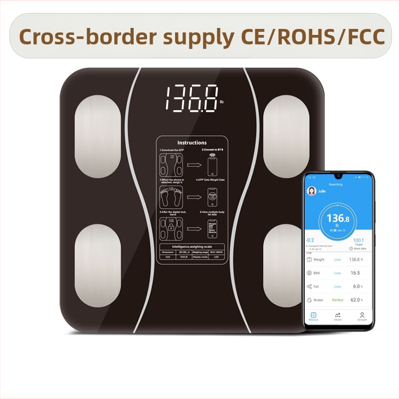 Bluetooth kūno riebalų matuoklis, 180 kg talpa, grūdinto stiklo panelė, matuoja svorį, riebalus ir drėgmę