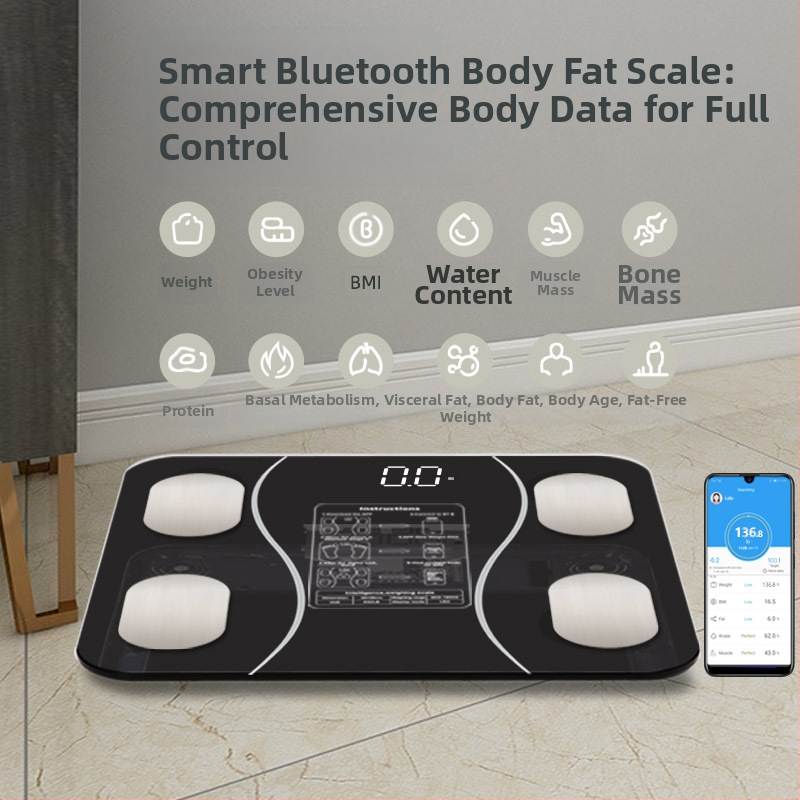 Bluetooth kūno riebalų matuoklis, 180 kg talpa, grūdinto stiklo panelė, matuoja svorį, riebalus ir drėgmę