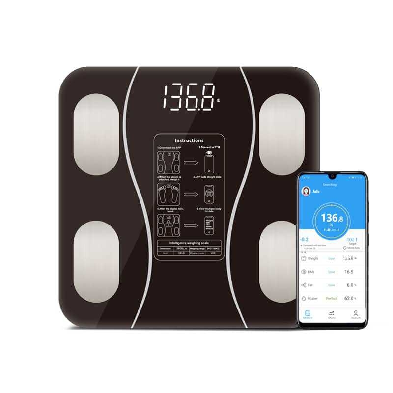 Bluetooth kūno riebalų matuoklis, 180 kg talpa, grūdinto stiklo panelė, matuoja svorį, riebalus ir drėgmę