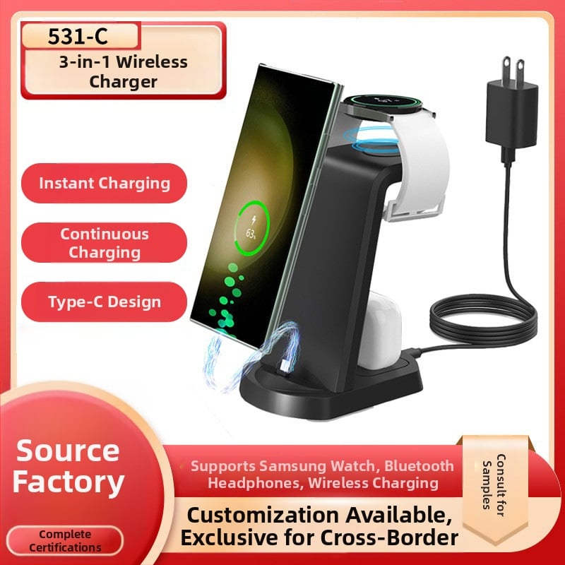 Ασύρματο φορτιστή τριών σε ένα με βάση γραφείου, 15W έξοδος, QC3.0, 5V/3A