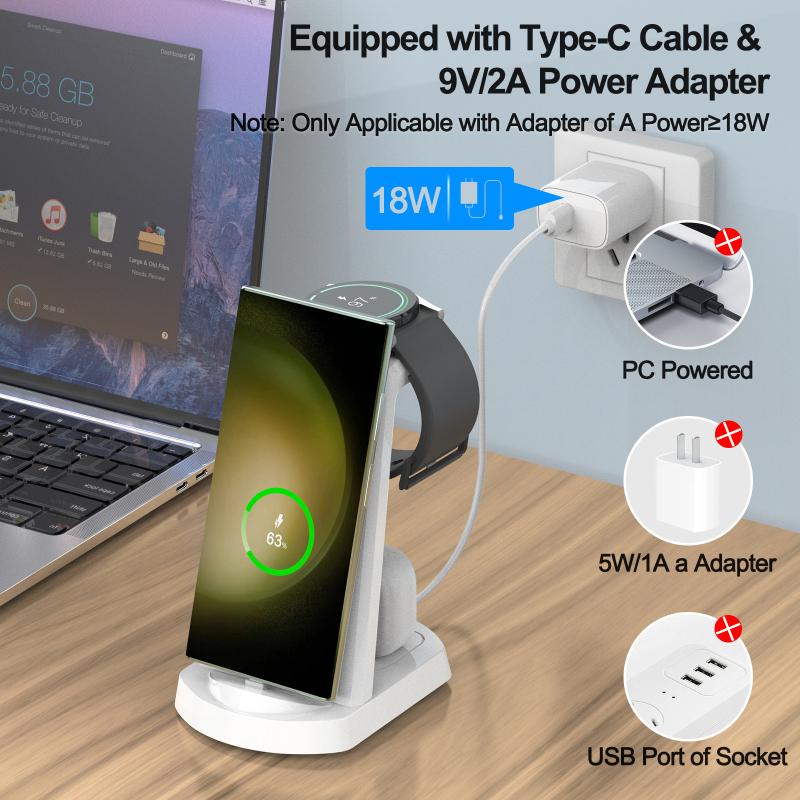 Ασύρματο φορτιστή τριών σε ένα με βάση γραφείου, 15W έξοδος, QC3.0, 5V/3A