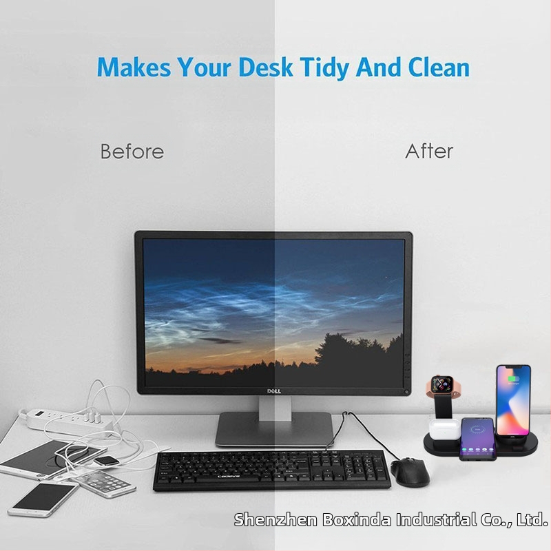 5-v-1 bezdrôtová nabíjačka s otočnou držiakom pre telefón a nabíjaním hodiniek a slúchadiel — Qi certifikovaný, QC3.0, až 15W (Model BXD-07A)