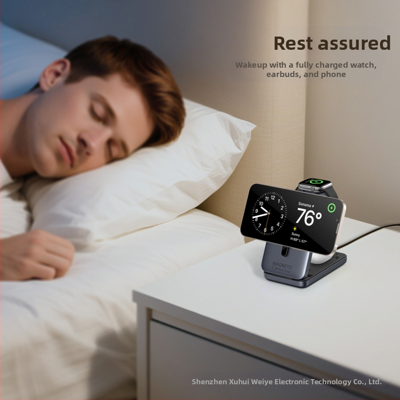 Stolný magnetický skladací 3v1 bezdrôtový nabíjač s držiakom na telefón, hodinky a slúchadlá (PD až 15W)