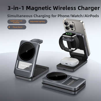 S29 3-σε-1 αναδιπλώμενος φορητός ασύρματος φορτιστής για κινητό με μαγνητική βάση γραφείου, QC3.0 γρήγορη φόρτιση, έως 15W