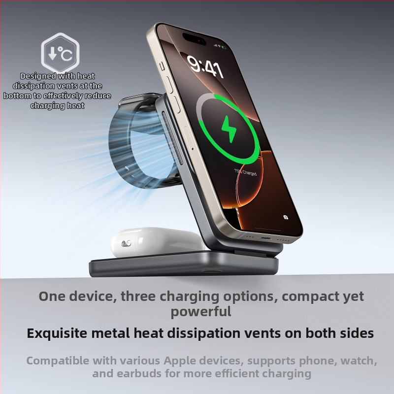 S29 3v-1 skladací bezdrôtový nabíjač pre telefón s magnetickou stolnou podstavou, QC3.0 rýchle nabíjanie, max 15W