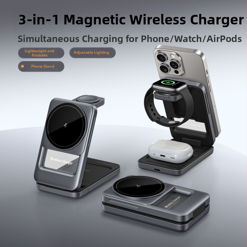S29 3v-1 skladací bezdrôtový nabíjač pre telefón s magnetickou stolnou podstavou, QC3.0 rýchle nabíjanie, max 15W