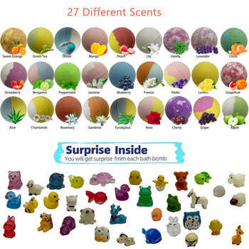 Vonios druskos kamuoliukai su mažais žaisliukais, 27 kvapų rūšių staigmena, atsitiktiniai kvapai, Weider prekės ženklas, vonios reikmenys