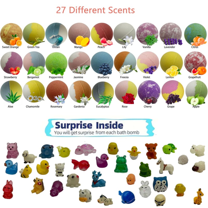 Vonios druskos kamuoliukai su mažais žaisliukais, 27 kvapų rūšių staigmena, atsitiktiniai kvapai, Weider prekės ženklas, vonios reikmenys