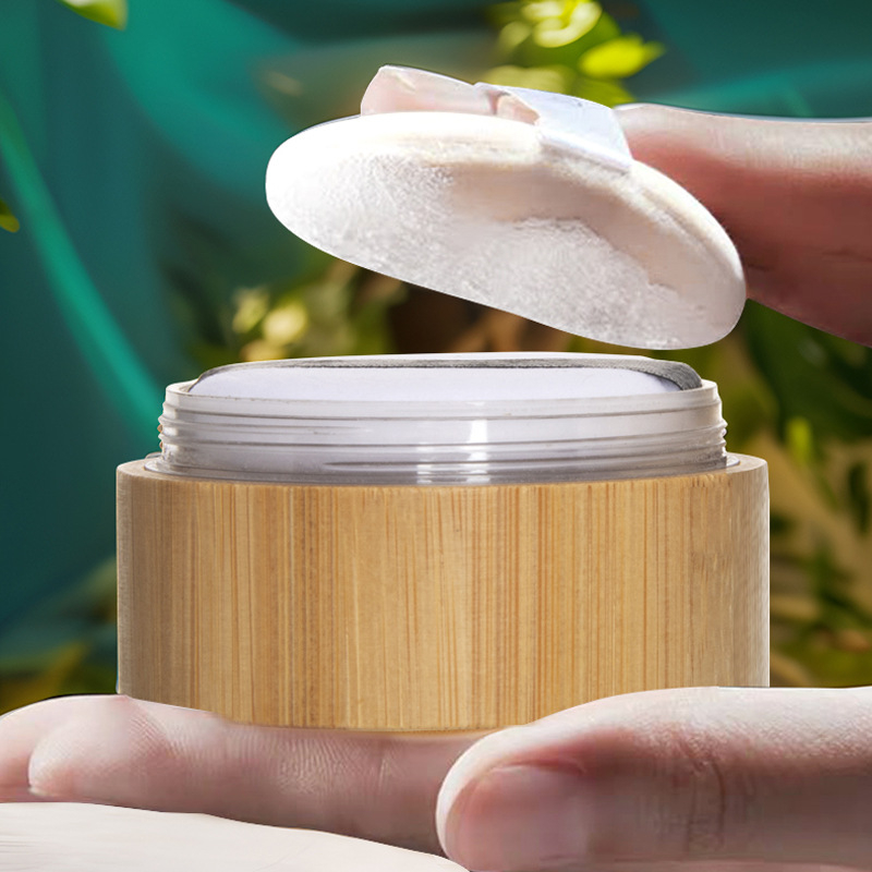 Cutie de ambalare pentru pudră cosmetică, design bambus-lemn, gravură cu laser și serigrafie, personalizare disponibilă, etichetare privată licențiată